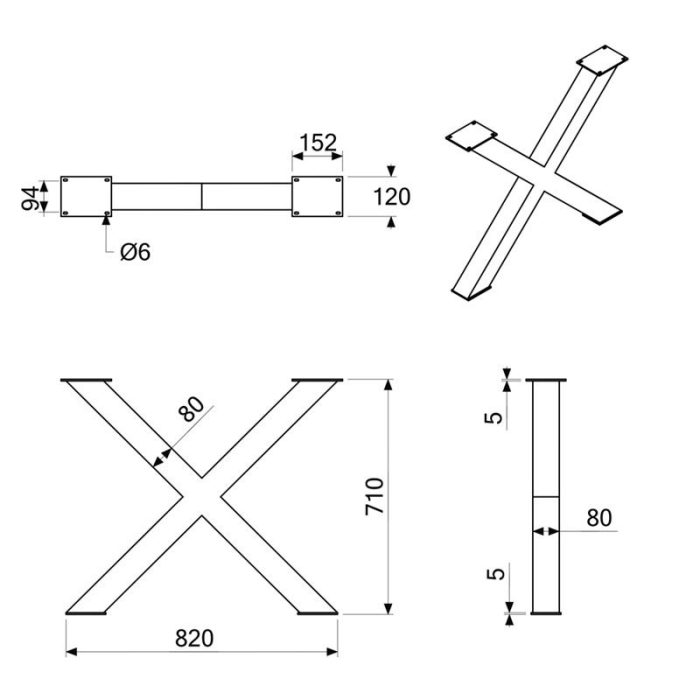 bordsben magna x, 2 st. Ritning av korsformade bordsben med måttangivelser.